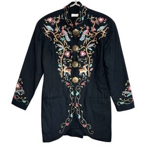 Vintage Rafia Studio Boho Embroidered Jacket Med Folk Art To Wear Brass Buttons